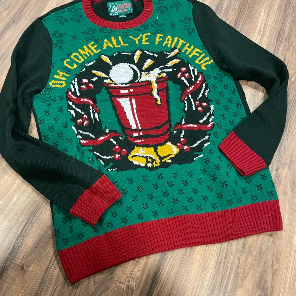Ugly Christmas sweater, beer pong